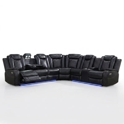 Home Theater Sectional Sofa Built for Entertainment, Power Reclining, LED Lighting, Wireless Charging, USB Ports