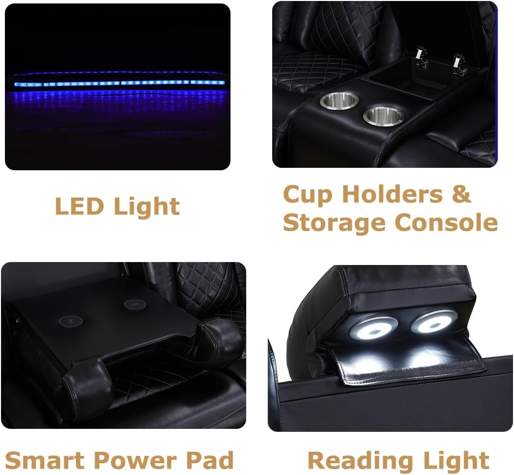 Power Reclining Sofa Set with LED Light,Leather Sectional Couch, Living Room Furniture Sets, Modern Power Recliner Sofa Sets with Cup Holder/Storage Console for Living Room(Black)