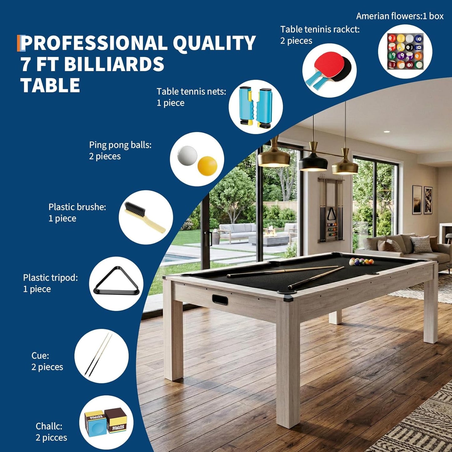 7 Ft Pool Table Combo,3 in 1 Pool, Dining, & Table Tennis with Full Accessories,Hdf Wood Grain Finish & Chrome Accents