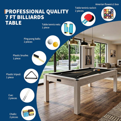 7 Ft Pool Table Combo,3 in 1 Pool, Dining, & Table Tennis with Full Accessories,Hdf Wood Grain Finish & Chrome Accents