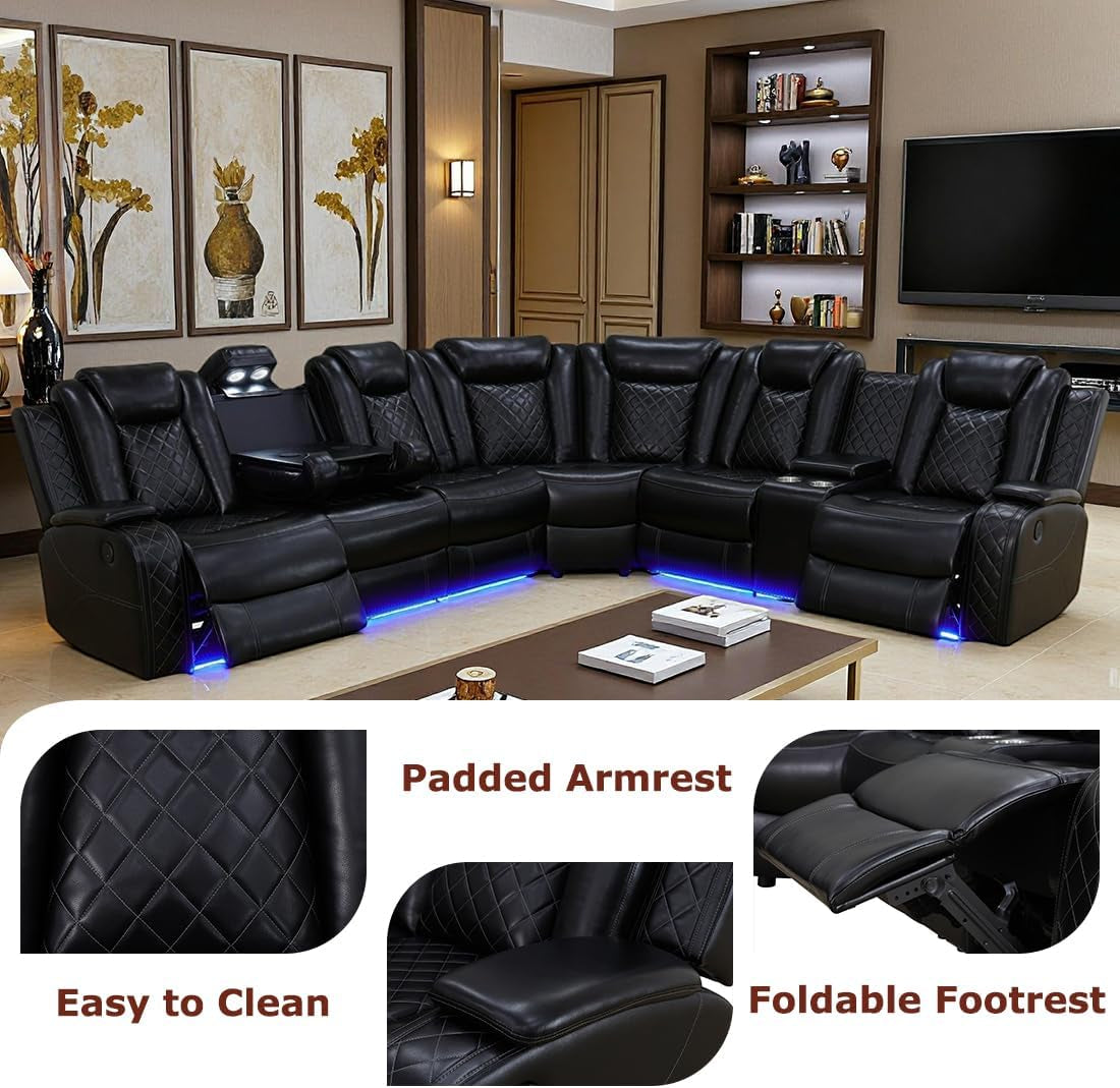 Power Reclining Sofa Set with LED Light,Leather Sectional Couch, Living Room Furniture Sets, Modern Power Recliner Sofa Sets with Cup Holder/Storage Console for Living Room(Black)
