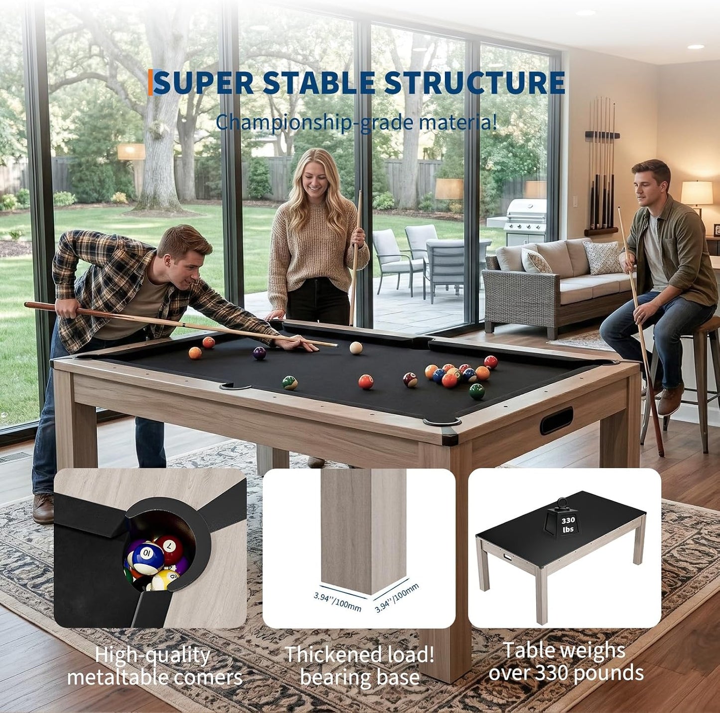 7 Ft Pool Table Combo,3 in 1 Pool, Dining, & Table Tennis with Full Accessories,Hdf Wood Grain Finish & Chrome Accents