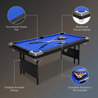 6 or 7 Ft Billiards Table, Portable Billiards Tables, Pool Tables for Full Size, Pool Table Set for Family Game Room, Adult Rrec Room, Basements, Man Cave or Garage — infographic
