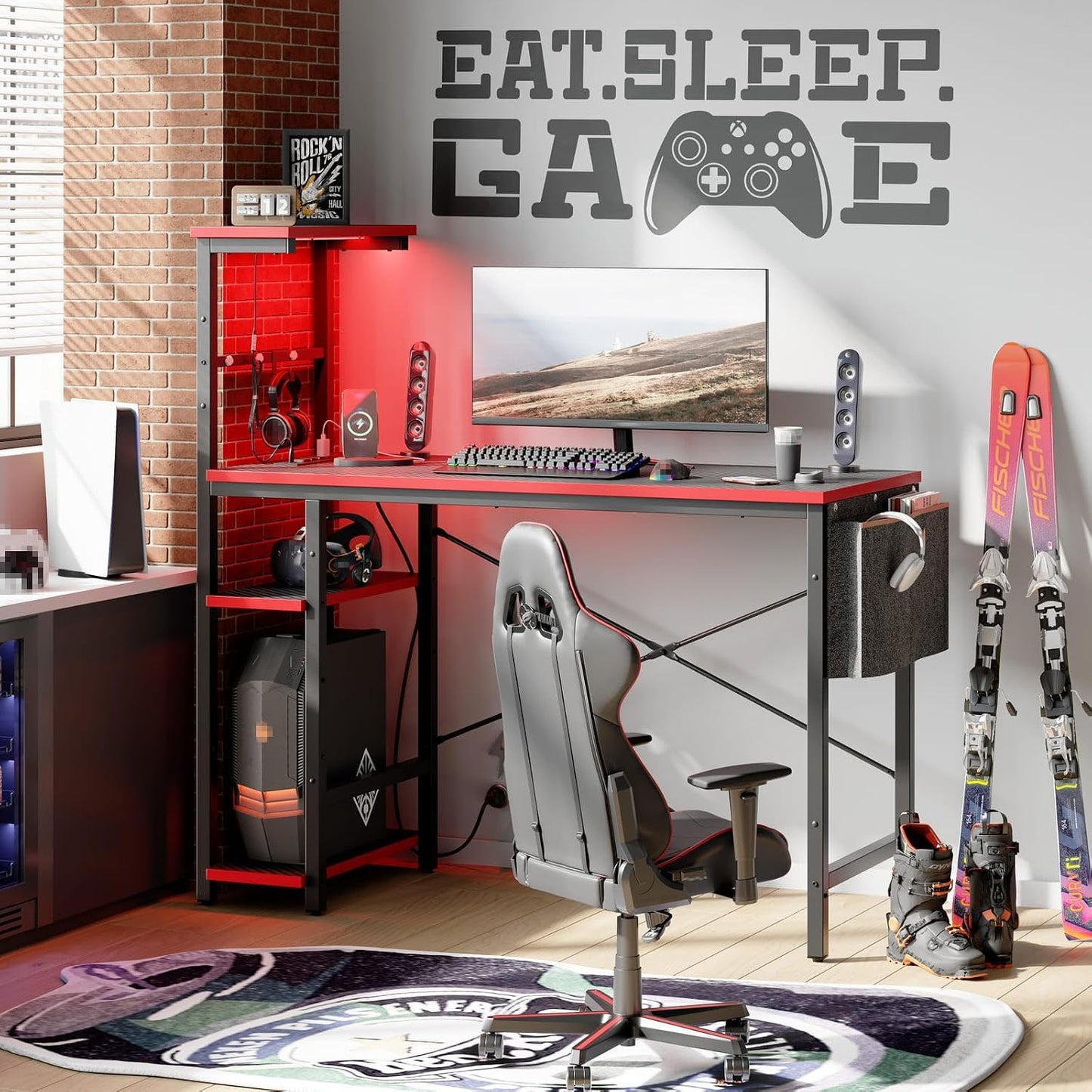 Gaming Desk with Power Outlets, 44 Inch Led Gamer Desk with 4 Tiers Reversible Shelves, PC Gaming Table with Headset Hook & Side Storage Bag for Bedroom (Black 3D Carbon Fiber)