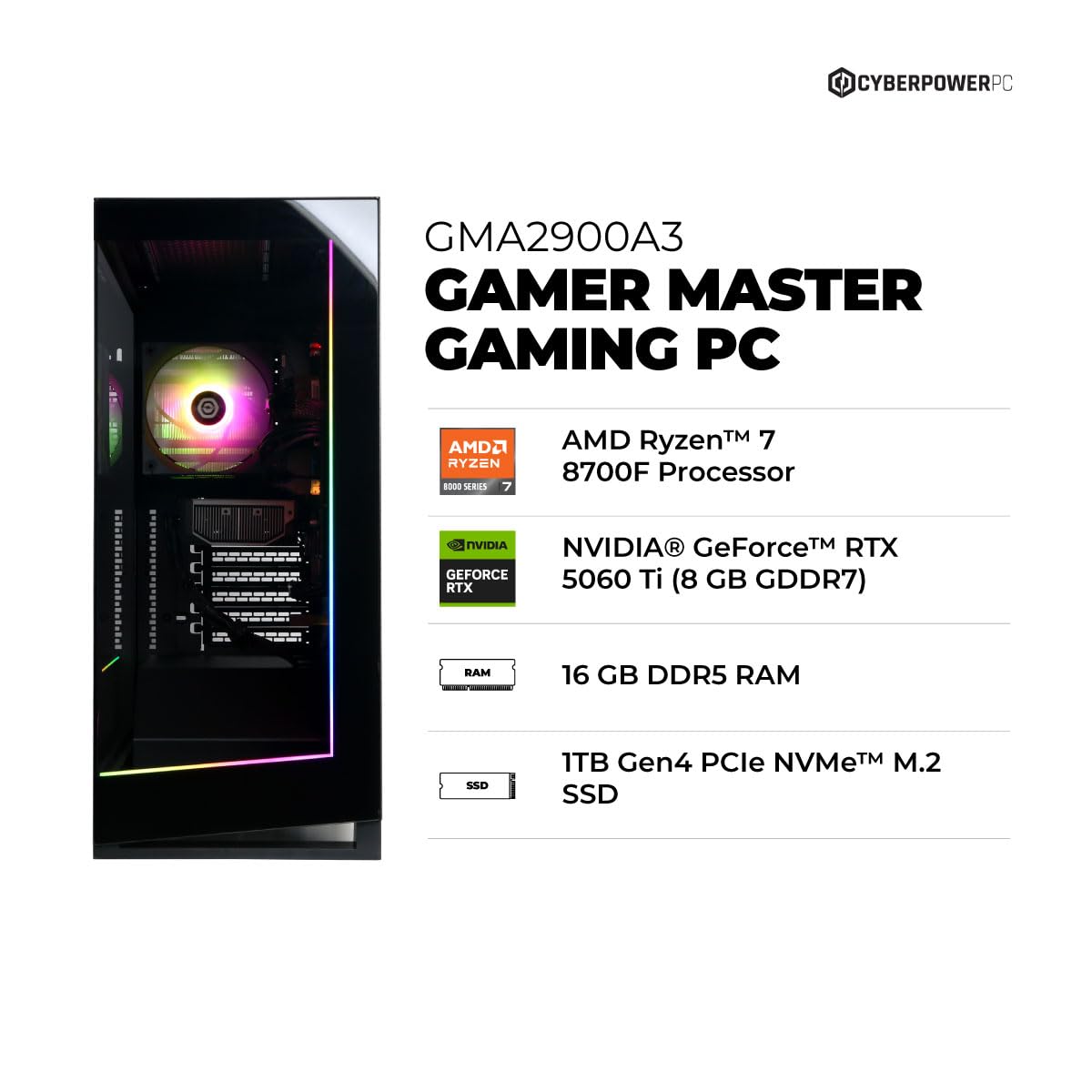 CyberPowerPC Gamer Master Gaming PC, AMD Ryzen 7 8700F 4.1GHz, GeForce RTX 5060 Ti 8GB, 16GB DDR5, 1TB PCIe 4.0 SSD, WiFi Ready & Windows 11 Home (GMA2900A2)