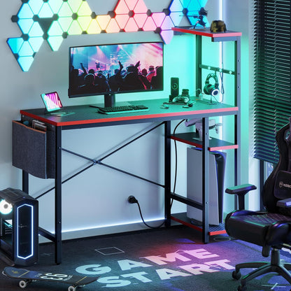 Gaming Desk with Power Outlets, 44 Inch Led Gamer Desk with 4 Tiers Reversible Shelves, PC Gaming Table with Headset Hook & Side Storage Bag for Bedroom (Black 3D Carbon Fiber)