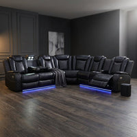 Black Leather Power Reclining Sectional Sofa,Sectional Couch with Recliner,L Shaped Recliner Sofa with LED Light/Read Lamp/Storage Console/Usb Port for Living Room/Home Theater/Apartment — Studio Shot