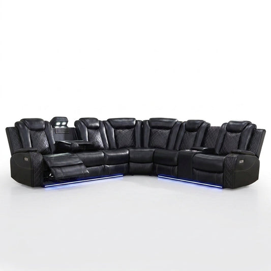 Black Leather Power Reclining Sectional Sofa,Sectional Couch with Recliner,L Shaped Recliner Sofa with LED Light/Read Lamp/Storage Console/Usb Port for Living Room/Home Theater/Apartment — Studio Shot