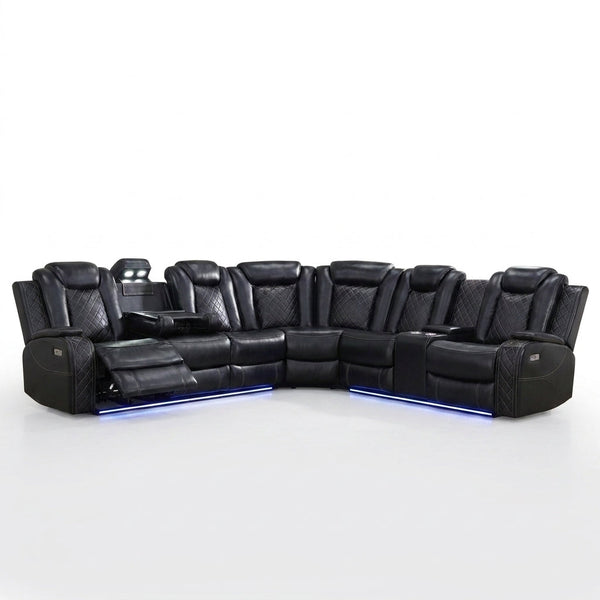Black Leather Power Reclining Sectional Sofa,Sectional Couch with Recliner,L Shaped Recliner Sofa with LED Light/Read Lamp/Storage Console/Usb Port for Living Room/Home Theater/Apartment — Studio Shot