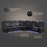 Black Leather Power Reclining Sectional Sofa,Sectional Couch with Recliner,L Shaped Recliner Sofa with LED Light/Read Lamp/Storage Console/Usb Port for Living Room/Home Theater/Apartment — infographic