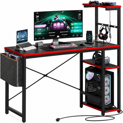 Gaming Desk with Power Outlets, 44 Inch Led Gamer Desk with 4 Tiers Reversible Shelves, PC Gaming Table with Headset Hook & Side Storage Bag for Bedroom (Black 3D Carbon Fiber)