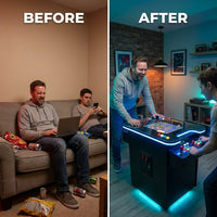 Cocktail Arcade Machine Built to Elevate Game Rooms, 3515 Classic Games, 22-Inch Screen, Dual Trackballs — Before & After