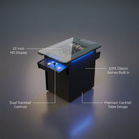 Cocktail Arcade Machine Built to Elevate Game Rooms, 3515 Classic Games, 22-Inch Screen, Dual Trackballs — infographic