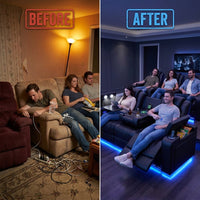 Power Recliner Sectional Sofa Set, Black Leather Sectional Couch for Living Room, L Shape Reclining Sofa with Cup Holder, Hidden Storage, Coffee Table for House(6 Seat) — Before & After
