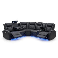 Power Recliner Sectional Sofa Set, Black Leather Sectional Couch for Living Room, L Shape Reclining Sofa with Cup Holder, Hidden Storage, Coffee Table for House(6 Seat) — Studio Shot