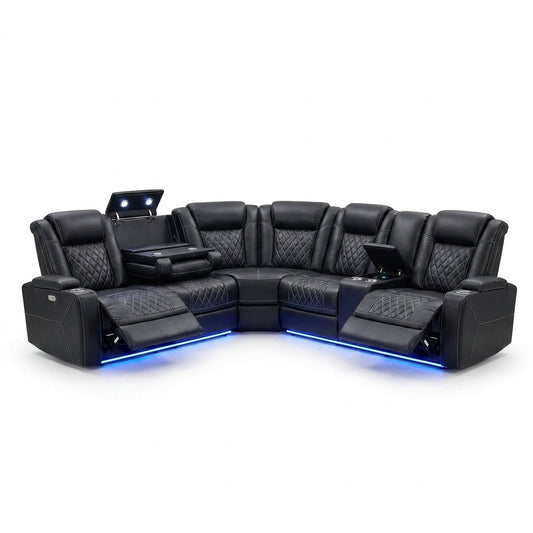 Power Recliner Sectional Sofa Set, Black Leather Sectional Couch for Living Room, L Shape Reclining Sofa with Cup Holder, Hidden Storage, Coffee Table for House(6 Seat) — Studio Shot