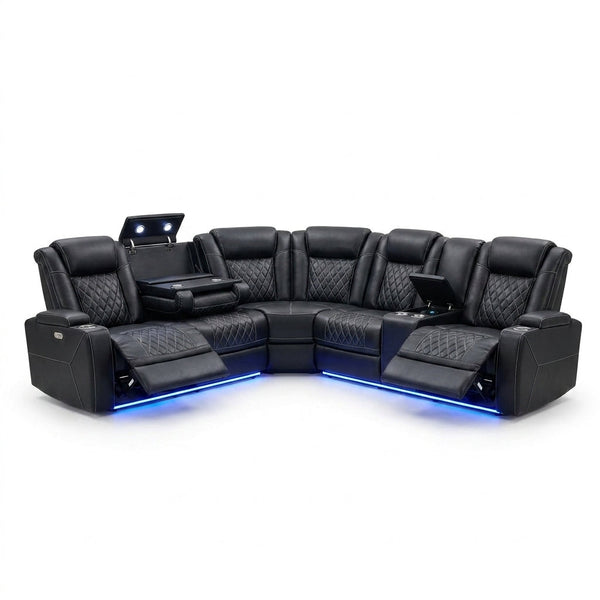 Power Recliner Sectional Sofa Set, Black Leather Sectional Couch for Living Room, L Shape Reclining Sofa with Cup Holder, Hidden Storage, Coffee Table for House(6 Seat) — Studio Shot