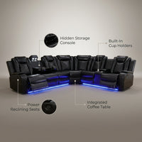 Power Recliner Sectional Sofa Set, Black Leather Sectional Couch for Living Room, L Shape Reclining Sofa with Cup Holder, Hidden Storage, Coffee Table for House(6 Seat) — infographic