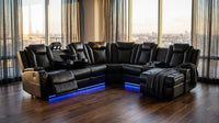 Power Recliner Sectional Sofa Set, Black Leather Sectional Couch for Living Room, L Shape Reclining Sofa with Cup Holder, Hidden Storage, Coffee Table for House(6 Seat) — Lifestyle