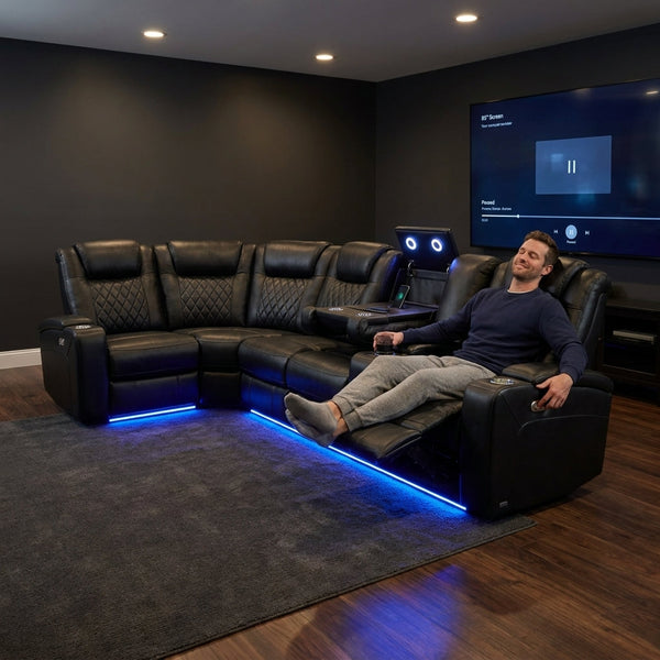 L-Shaped Sectional Sofa Built for Entertainment Spaces, Power Recliners, USB Charging, Cup Holders, 6 Seats