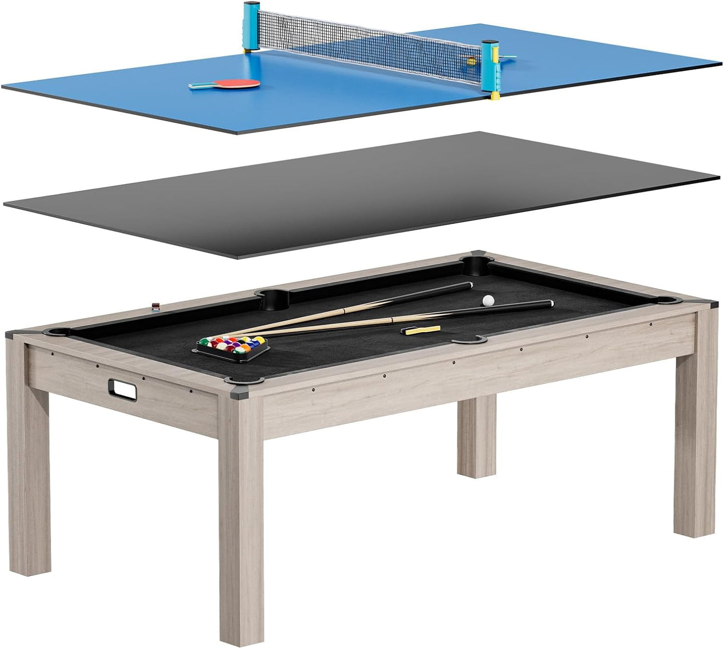 7 Ft Pool Table Combo,3 in 1 Pool, Dining, & Table Tennis with Full Accessories,Hdf Wood Grain Finish & Chrome Accents
