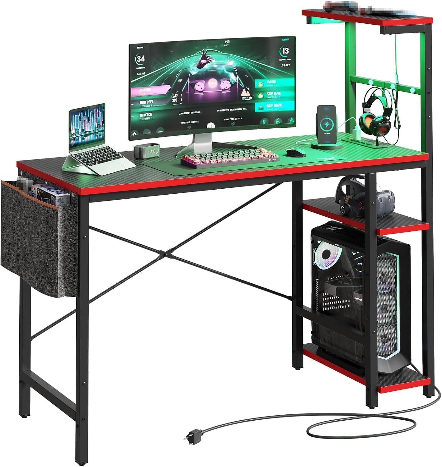 Gaming Desk with Power Outlets, 44 Inch Led Gamer Desk with 4 Tiers Reversible Shelves, PC Gaming Table with Headset Hook & Side Storage Bag for Bedroom (Black 3D Carbon Fiber)