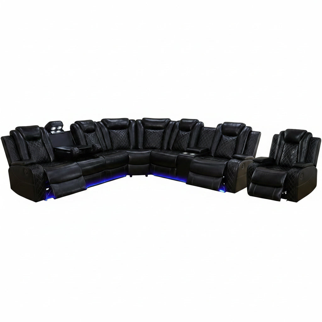 Power Reclining Sofa Set with LED Light,Leather Sectional Couch, Living Room Furniture Sets, Modern Power Recliner Sofa Sets with Cup Holder/Storage Console for Living Room(Black)