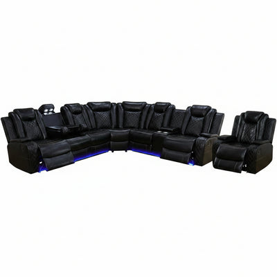 Power Reclining Sofa Set with LED Light,Leather Sectional Couch, Living Room Furniture Sets, Modern Power Recliner Sofa Sets with Cup Holder/Storage Console for Living Room(Black)